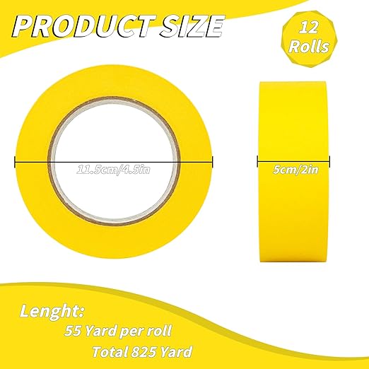 Oleitodh 12 Rolls Yellow Painters Tape Bulk 2 inch x 660 Yards, Painters Masking Tape No Residue Wall Painting Tape Artist Tape Trim Edge Finishing Tape for Wall Painting Decoration DIY Supplies