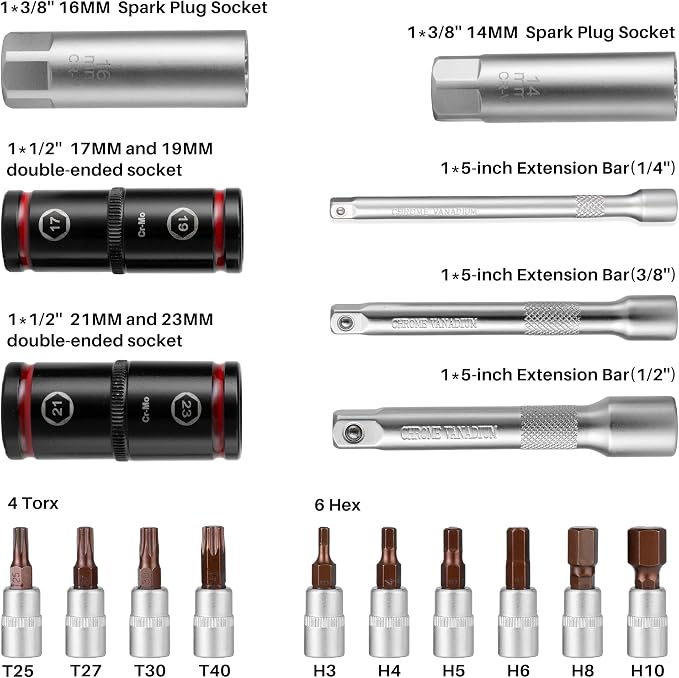 20Pcs 1/4 3/8 1/2-inch Drive Click Torque Wrench Set for Car Moto | Inch Pound Torque Wrench with Sockets (20-260 in.lb,5-45 ft.lb,10-170 ft.lb), Dual-Direction 72T, 3% Precision for Bike DIY