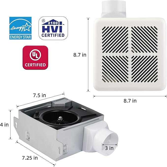 Tech Drive Very Quiet Bathroom Exhaust Fan - 70 CFM, 2.0 Sone, No Attic Access Needed, Energy Star Certified, Easy to Install,3-Inch Duct, Ceiling Mounted for Bathrooms Up to 75 Sq. Ft, White