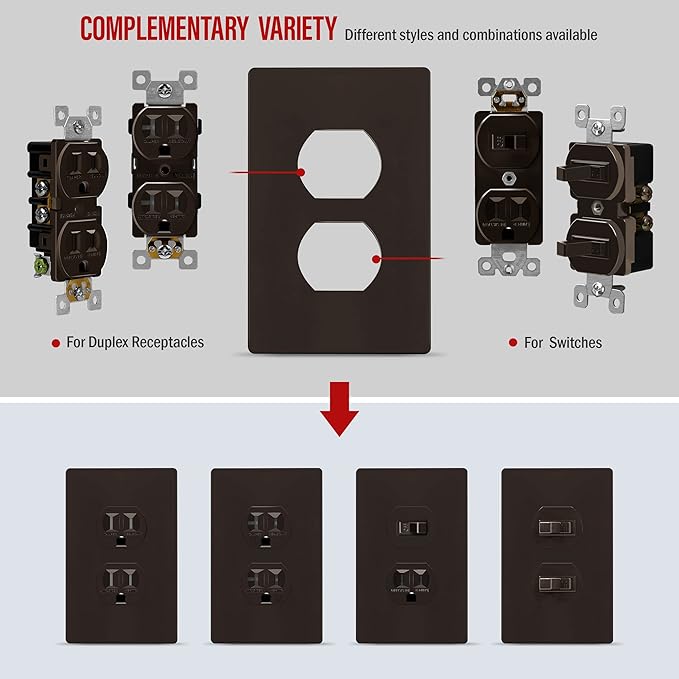 ENERLITES SI8821-BR Duplex Outlet Receptacle Cover, Screwless Wall Plate, Standard Size, 1-Gang 4.68" x 2.93", Unbreakable Polycarbonate Thermoplastic, UL Listed, SI8821-BR-5PCS, Brown, 5 Pack
