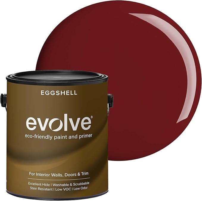EVOLVE Interior Paint & Primer, Eggshell (Burgundy), 1 Gallon – One-Coat Coverage, Excellent Hide, Low VOC, Low Odor, Washable Paint for Walls, Doors & Trim