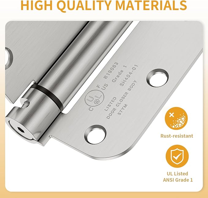 Luxbaro 4 Pack Self Closing Door Hinges, 3.5 Inch Spring Loaded Hinges with 5/8'' Radius Corners, Adjustable Tension for Garage, Front Door, Back Door, for Left and Right Hand Door, UL Listed