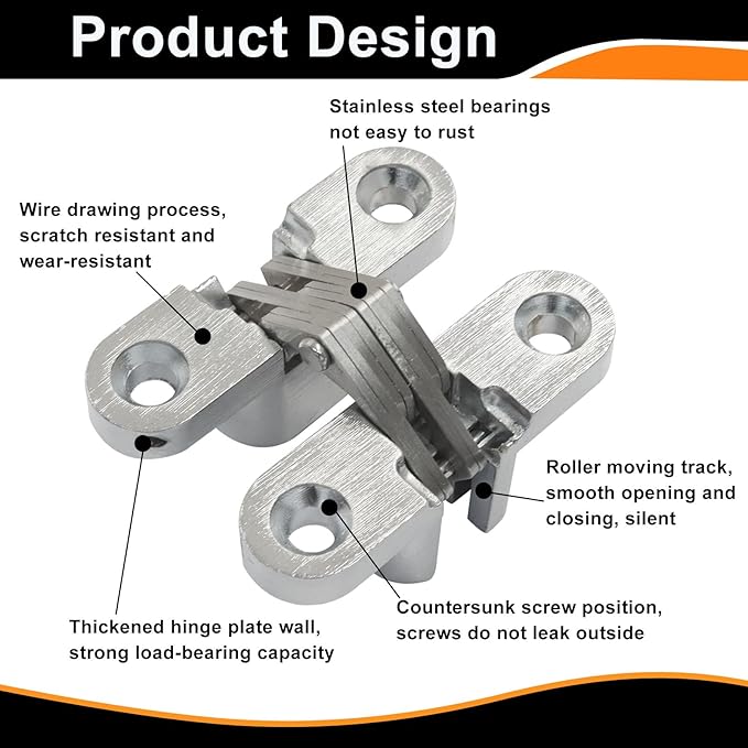Murtenze 4 Pack Hidden Hinges, 1.77" Stainless Steel Cross Invisible Swing Hinges, 180 Degree Concealed Cross Hinge for Kitchen Cabinet Door