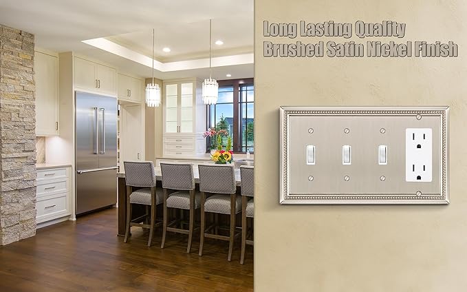 Henne Bery Sunken Pearls Heavy Duty Decorative Wall Plate Switch Plate Outlet Cover (Triple Toggle/Single Decorator, Satin Nickel)