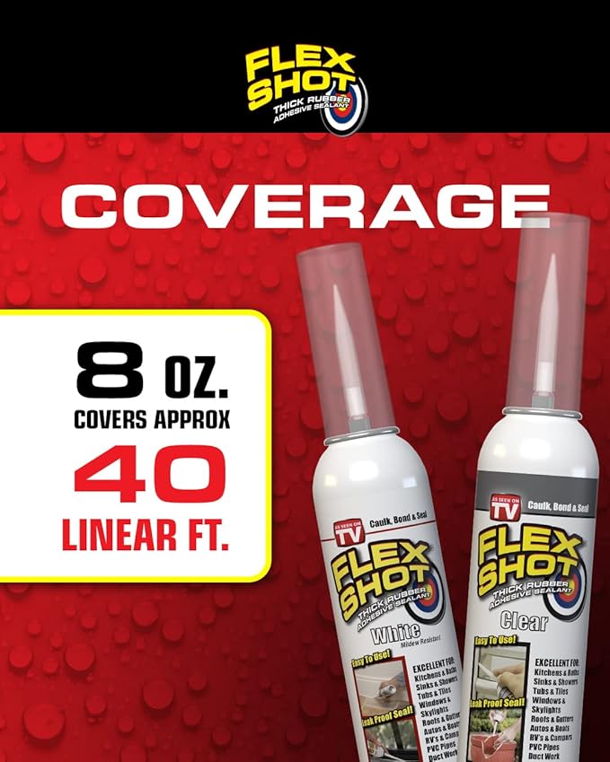 Flex Shot, Flexible Rubber Silicone Sealant, Waterproof Caulk, UV Resistant, No Caulk Gun Needed, Perfect for Kitchen, Bath, Showers, Sinks, Baseboards, Clear, 8oz, 2-Pack