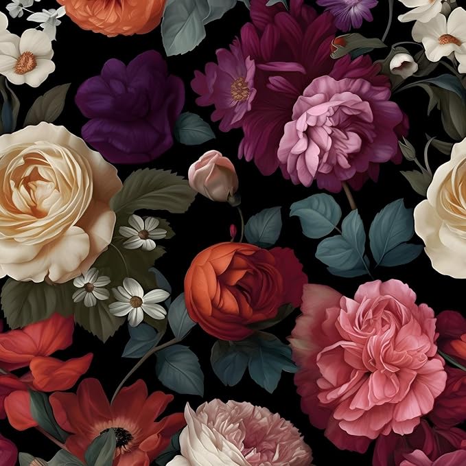Fvlow Colorful Flower Dark Floral Peel and Stick Wallpaper 17.4" x 118" | Renter Friendly, Removable & Waterproof, Vinyl Easy Install for Bedrooms, Bathrooms, Kitchens, Cabinets and Home Decor
