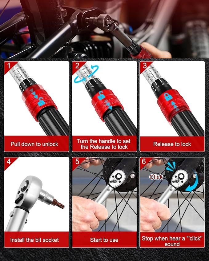 1/4inch Drive Torque Wrench Set, 32-Piece 20-220 in.lb (2.3-25 Nm) Click Bicycle Torque Wrench with Bit Sockets, 0.1 Nm Micro, 72-Tooth Ratchet, 3/8 Adapter, for MTB, E-Bike, Motorcycle