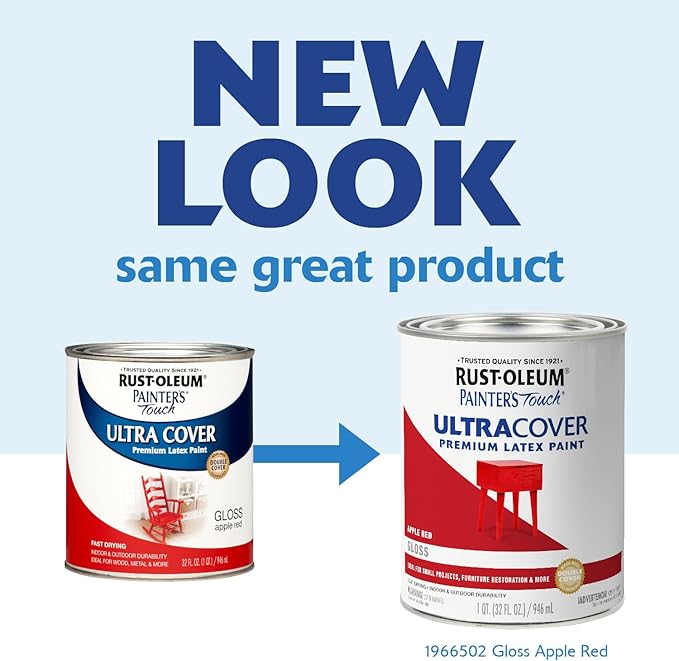 Rust-Oleum 1966502 Painter's Touch Brush Acrylic Latex Paint, 1 Quarts (Pack of 1), Gloss Apple Red, (Pack of 1)