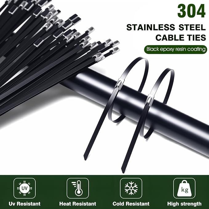 Stainless Steel Cable Tie Gun Kit, 100pcs 11.8inch Black Metal Zip Ties | Self-Locking, UV & Corrosion Resistant Stainless Zip Ties, for Fence, Exhaust Pipe, Chicken Coop, Farm Use
