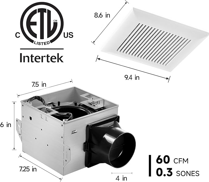 Tech Drive Bathroom Exhaust Fan 60 CFM, 0.3 Sone, 4-Inch Duct,No Attic Access Needed,Super Quiet Ventilation Fan, Easy to Install Ceiling Mounted, White, ETL Certified