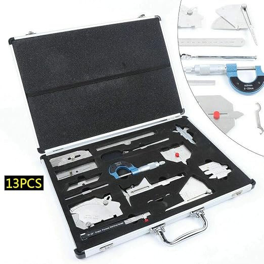 13 Pcs Welding Gauge Tool Kit Gage Weld Inspection Gauge with Easy Carry Suitcase, Stainless Steel Gage Weld Measuring Tools Box with 0-150mm Ruler, Fillet Welding Gauge, Micrometer, Inspection Mirror