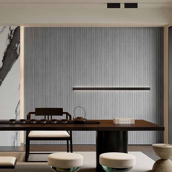 YU LI 3DH Peel and Stick PVC Slat Wall Panel 236"x15.75" Self-Adhesive Thick Faux Grey Wood Grain Wallpaper Panel 3D Soundproof Wall Panels for Walls & Ceilings