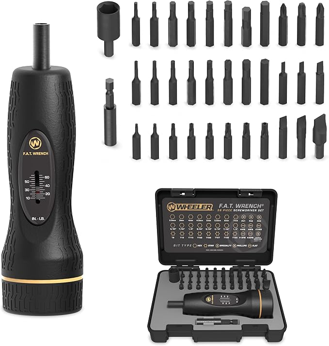 Wheeler 38 Piece FAT Wrench Screwdriver Set with Adjustable Torque Range 10-65 IN-LBs, Corrosion Resistant, Precise Fit Bits, For Scope Mounting, Gun Maintenance, and Gunsmithing