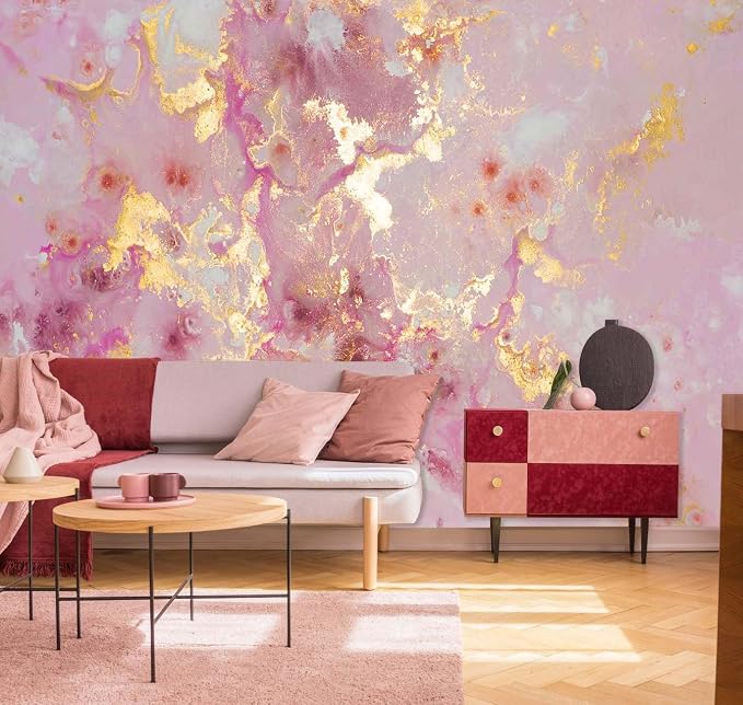 Jdayda Pink Marble Wallpaper Mural Abstract Gold Gilt Large Art | 127"x96" Not Self-Adhesive Wall Mural for Bedroom Livingroom