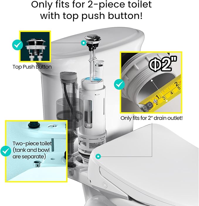 R&T 2-Inch Toilet Flush Valve Replacement Kit with Push Button, Tank to Bowl Gasket with SUS304 Bolts, Toilet Repair Kit Inside Tank for 2-piece Toilet A2473M