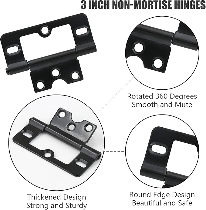 2PCS Non-Mortise Hinges 3 inch Black Door Hinges with Mounting Screws, Chest Hinges Heavy Duty Bifold Door Hinges Iron Cabinet Hinges, Precision Butt Hinge for Furniture Windows Cupboard