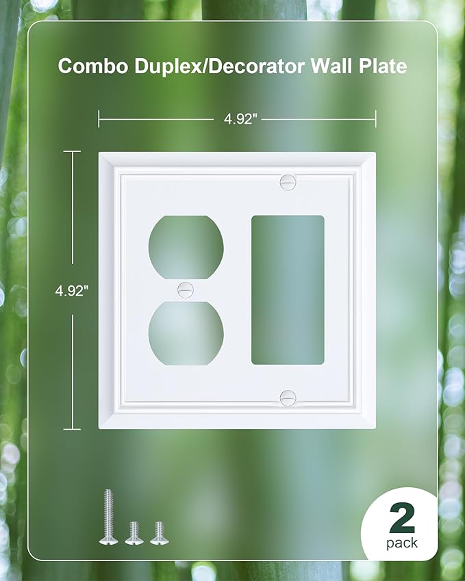 2-Pack Combo Duplex/Decorator Outlet Cover Plate, Pure White Decorative Switch Plates Covers, Durable Natural Bamboo Fiber Wall Plates for Electrical Outlets, Receptacle, GFCI Outlet, Dimmer Switch