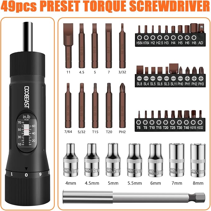 coobeast 49Pcs Preset 1/4” Drive Torque Screwdriver with S2 Bits | Torque Wrench Screwdriver Set, for Maintenance,Tools,Bike Repairing,Mounting,Inch Pound Torque Range 10-70 In-lb