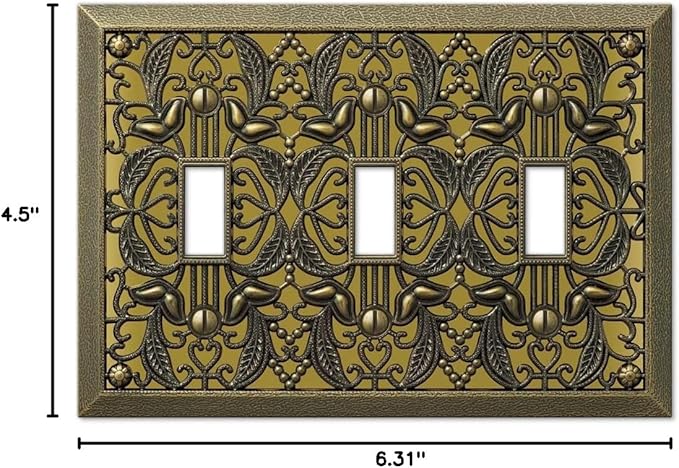 Amerelle Filigree Triple Toggle Cast Metal Wallplate in Antique Brass