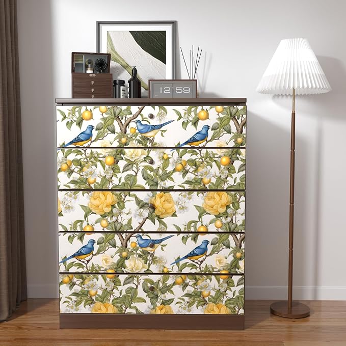 Danodoi Yellow Vintage Lemon Bird Peel and Stick Wallpaper 17.5" x 393" | Waterproof Vinyl Self Adhesive Removable Renter Friendly Floral Contact Paper