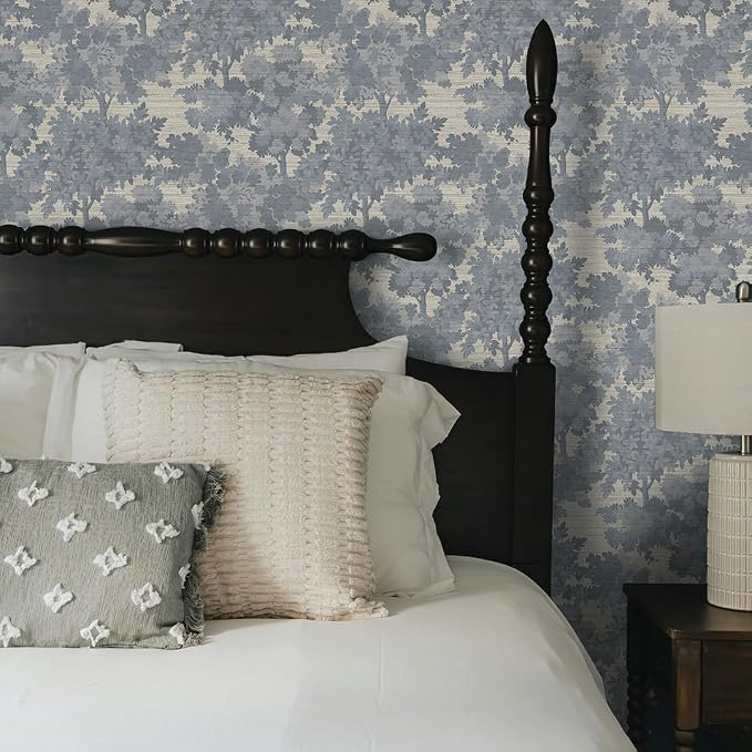 Tempaper Textured Blue Canopy Toile Faux Grasscloth Removable Peel and Stick Wallpaper, 20.5 in X 16.5 ft, Made in The USA