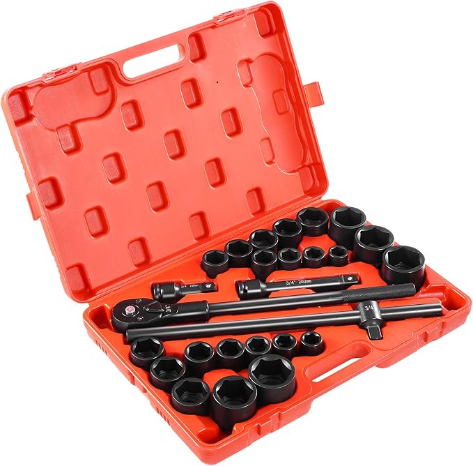VEVOR Impact Socket Set, 3/4 Inches Socket Assortment, Drive Socket Set Impact Standard SAE (7/8 Inches to 2 Inches) & Metric Sizes (22 mm-50 mm), 27 Piece Standard Impact Sockets