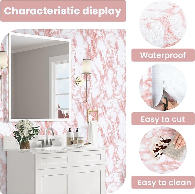 practicalWs White/Pink Marble Contact Paper Granite Peel and Stick Countertops Self-Adhesive Wallpaper Cabinets Drawer Shelf Wall Crafts Wall Paper Decorations 17.7 in x 196.8 in