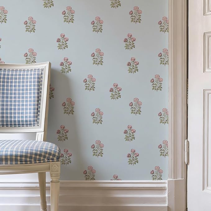 17.3" x 393.7" Vintage Blue Floral Wallpaper Peel and Stick Boho Wallpaper Removable Waterproof Rose Pattern Contact Paper for Bedroom, Bathroom, Home Wall