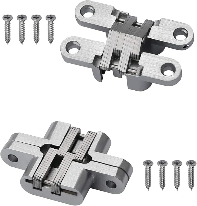 2 Pack 0.98 * 4.65 in Hidden Hinge Invisible Concealed Cross Hinges 180 Degree Folding Door Cross Zinc Alloy Hidden Hinges Swing Invisible Hinge for Cabinet, Cupboard,Wooden Box,with Screws-S5