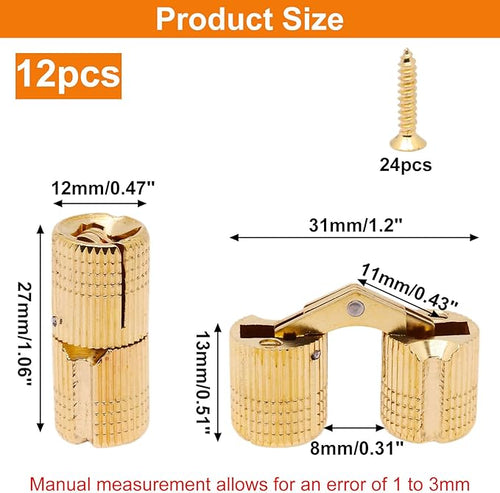 12mm Brass Barrel Hinges Cylindrical Hidden Cabinet Concealed Invisible Furniture Hinges Mount 180 Degree Opening Angle 12Pcs