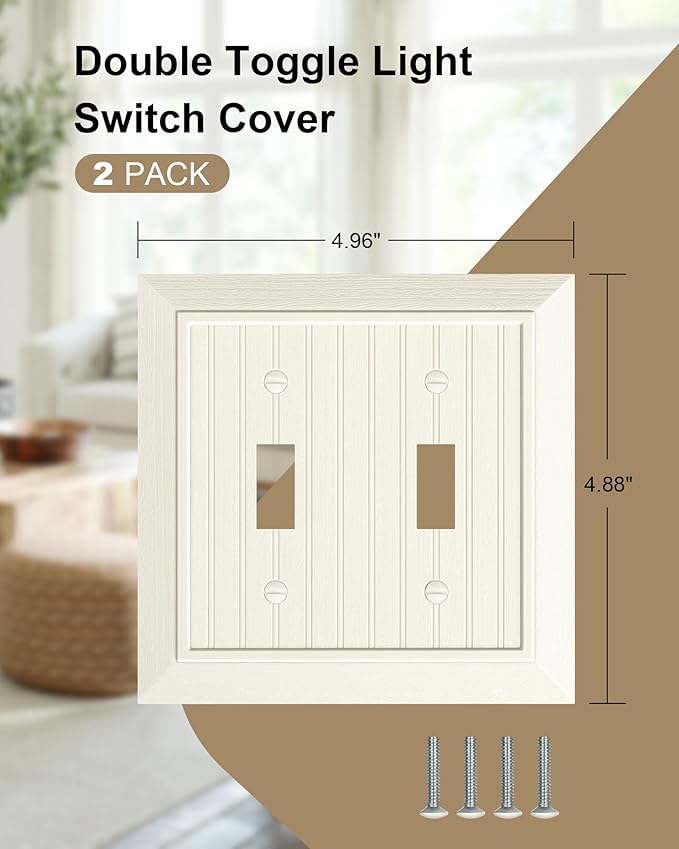 2-Pack Classic Beadboard Double Toggle Light Switch Cover Plate, Unbreakable Polycarbonate Decorative Switch Plate Covers, Light Almond 2 Gang Wall Plate