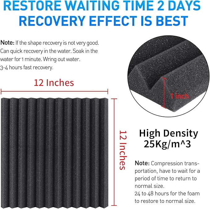 Focusound 120 Pack Acoustic Foam Panels 1" x 12" x 12" Sound Proof Foam Panels Soundproofing Noise Cancelling Wedge Panels for Home Office Recoding Studio with 600 PCS Double-Side Adhesive