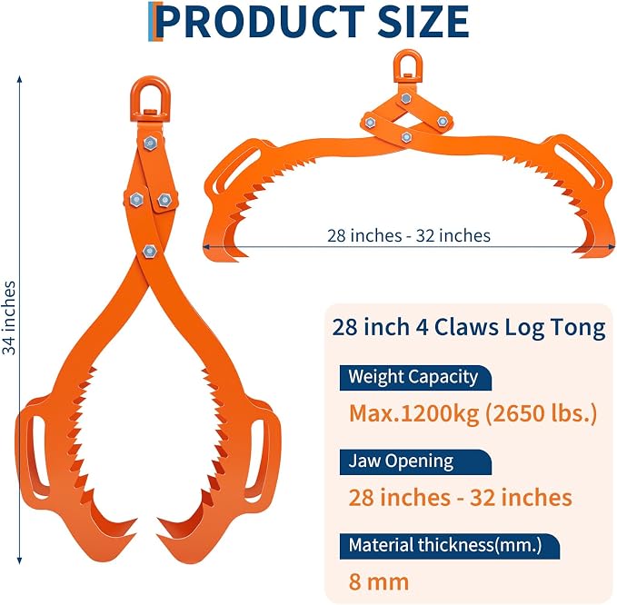 Garvee Log Lifting Tongs 36in,4 Serrated Claw Hook Log Tongs,3606Lbs Capacity Heavy Duty Timber Claw Hook, Logging Tools for Tractors, Trucks, Forklifts, ATV Logging, Lumber Handling