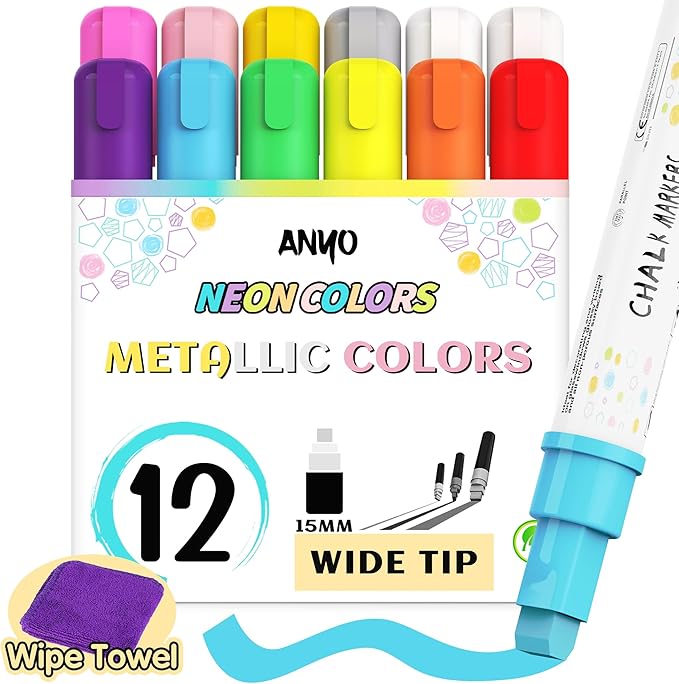 Anyo 12 Pack Chalk Markers for Blackboard, Window Paint with 15mm 3-in-1 Jumbo Nib Tip, Metallic & Neon Color Wet Erase Window Markers for Glass Washable, Glass, Mirror, Blackboard, Bistro, Menus