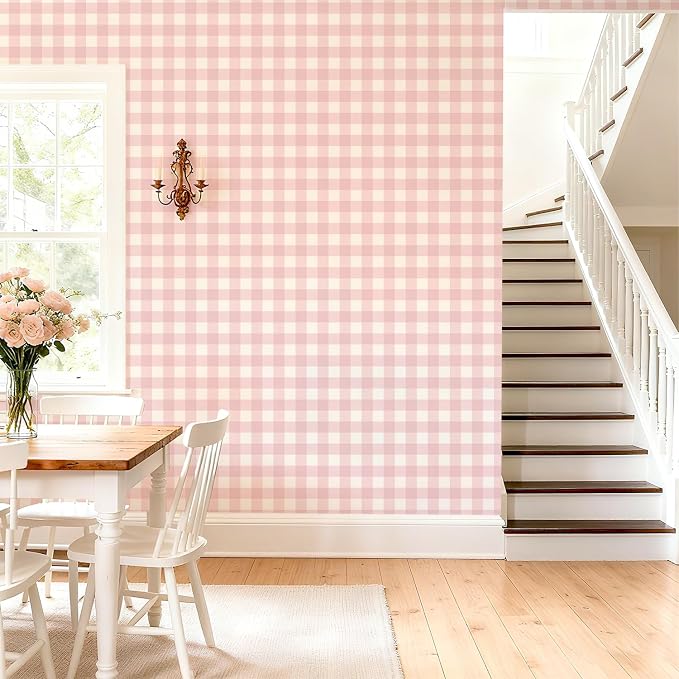 Plaid Wallpaper Peel and Stick, Pink, 17.7"x78.7" | Self Adhesive, Vinyl, Removable, Boho Contact Paper, Checkered Wall Paper for Bedroom, Living Room, Bathroom