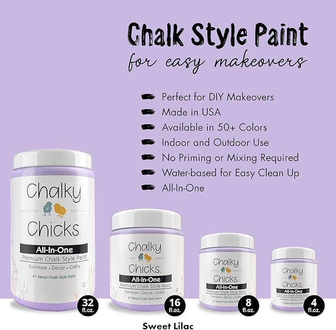 Chalky Chicks 8 Fl Oz Matte Sweet Lilac (Light Purple) Chalk Paint for Furniture Without Sanding - No Prep Furniture Paint No Sanding All in One for Crafts, Wood, Walls, Cabinet, Metal, Dresser