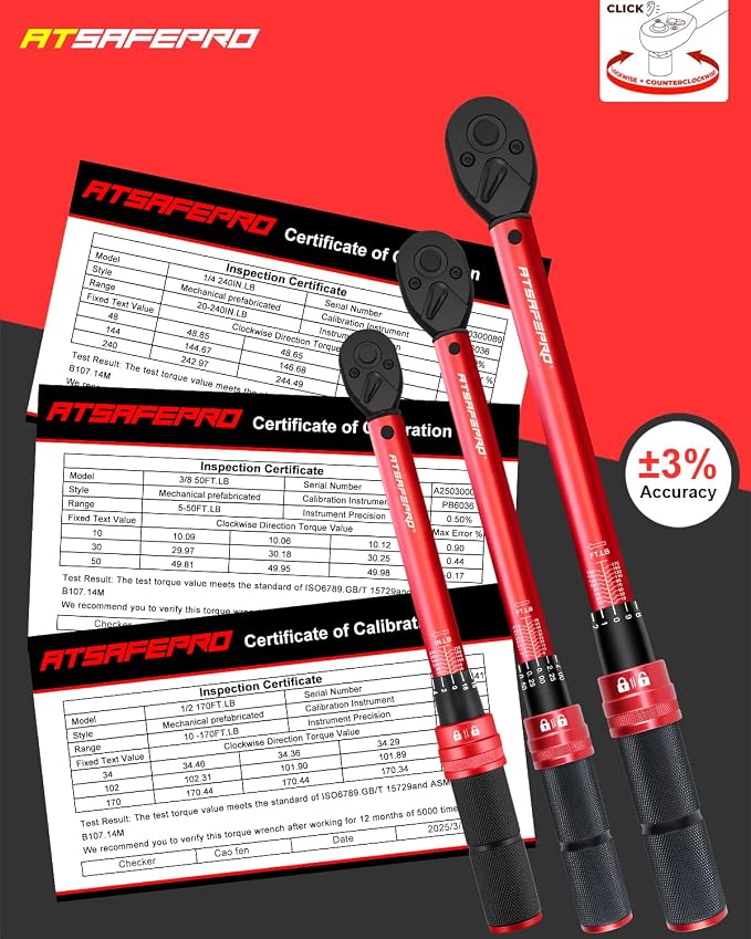 Torque Wrench Set-1/4 20–240 in-LB, 3/8" 5–50 ft-lb,1/2" 10–170 ft-lb with 3 Socket Adapters,±3% Accuracy, Dual Scale, 72-Tooth, Dual-Direction for Car, Bike, Motorcycle Repair Maintenance