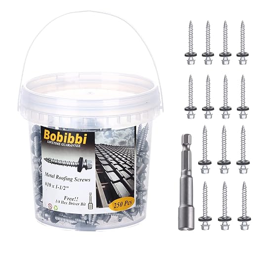 Metal Roofing Screws 10 x 1-1/2 inch, Hex Head Sheet Metal Roof Screw with EPDM Washer for Corrugated Roofing (250Pcs)