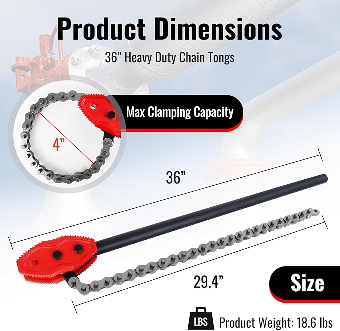 YHK Chain Pipe Wrench, 36” Heavy Duty Chain Tongs with 29.4" Chain Length, Heavy-Duty Chain Wrench for Pipe Installation, Repair, and Maintenance, Fit for 3/4"-4" Pipe Diameters