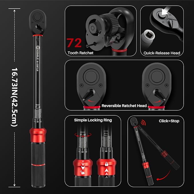 1/2 Inch Drive Torque Wrench Set 10-170 Ft-Lb for Lug Nut Car Moto | Click Inch Pound Torque Socket Set(13.6-230.5Nm),72T Dual Direction 3% Precision, Adjustable Wrench for Bicycle Tire DIY