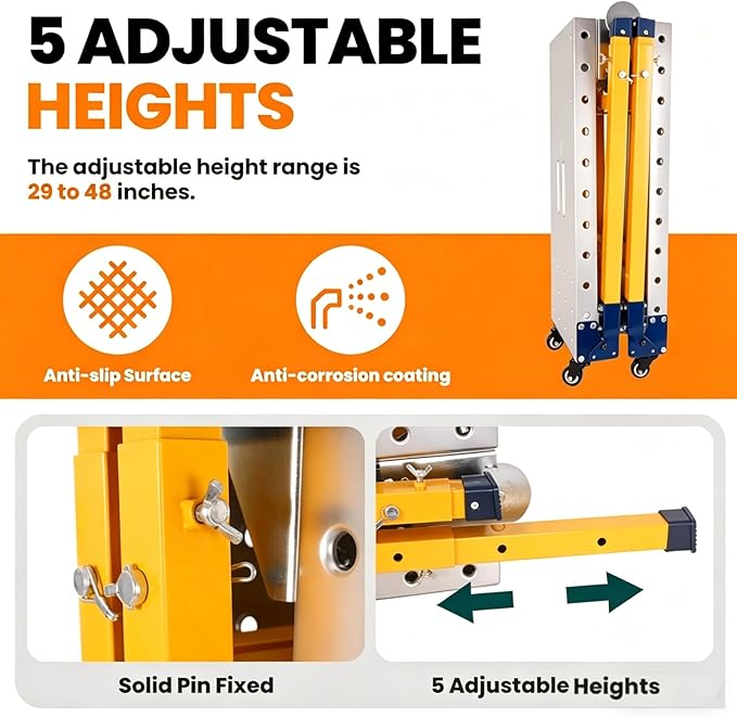 Adjustable Height Work Platform 2000 LBS 65"x12", Height 29" to 48" Folding Steel Work Bench, Portable Scaffold Ladder for Drywall, Painting & Home Renovation