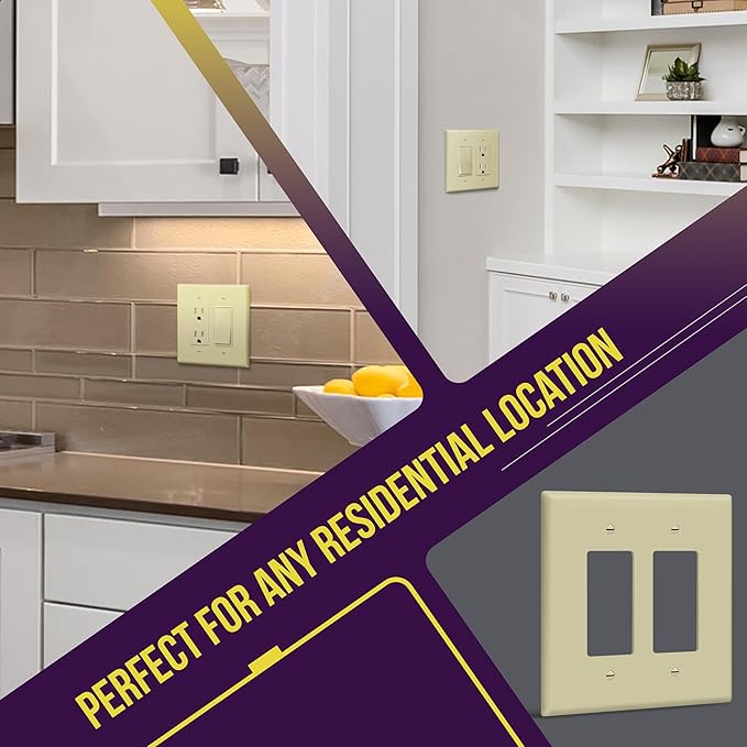 ENERLITES Double Decorator Switch Cover, Two Gang Outlet Wall Plate, Gloss Finish, Oversized 2-Gang 5.50" x 5.50", Unbreakable Polycarbonate Thermoplastic, UL Listed, 8832O-I, Ivory