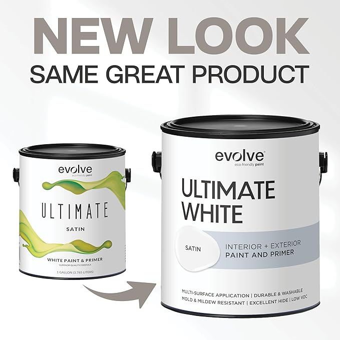 EVOLVE Ultimate White Paint & Primer in One, Satin White, 1 Gallon – Interior & Exterior, One-Coat Coverage, Excellent Hide, Low Odor, Low VOC, Washable Paint for Walls, Ceilings & Trim