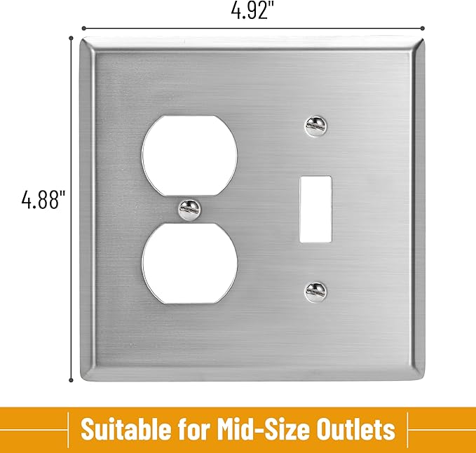 Bates- 2-Gang Combination Wall Plate, 4.88"x 4.92"/Mid-Size, Silver, Stainless Steel Toggle Light Switch/Duplex Receptacle Outlet, 2 Gang Wall Plate for Electrical Outlets, Double Outlet Cover Plate