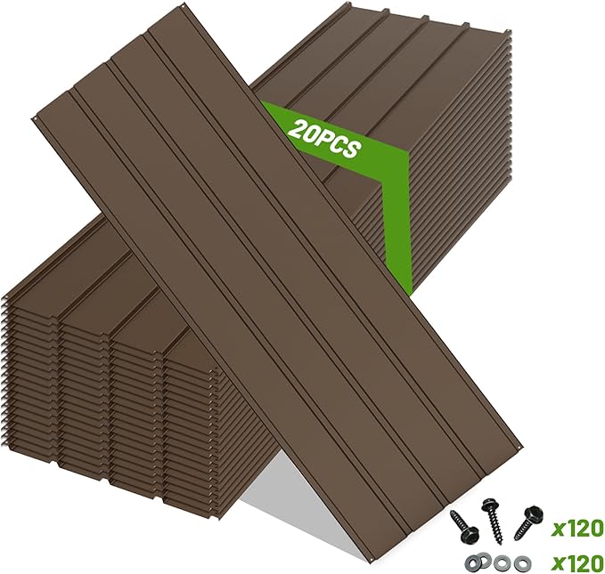 20PCS Metal Roofing Panels, Corrugated Galvanized Roof Panels, Waterproof Metal Siding Panel with 120 Pcs Steel Screws for Pergola, Gazebo, Shed, Garages, Stables and Mobile Homes -Brown