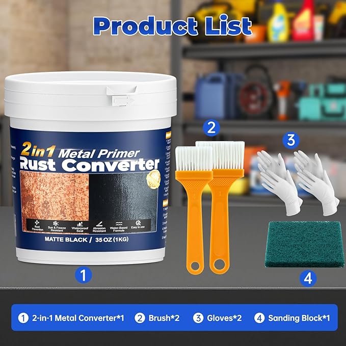 2-in-1 Rust Converter & Metal Primer - 35 oz Black Rust Inhibitor Paint for Metal Protection, Long-lasting Anti-Rust Coating for Automotive, Iron Fence, Garage Door, Outdoor Furniture