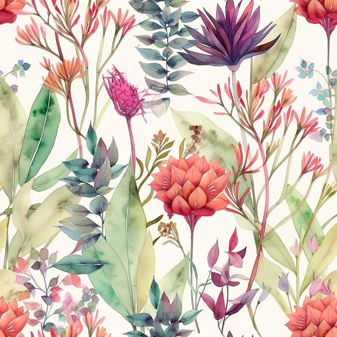 Watercolor Purple/Red/Green Grass Wildflower Floral Peel and Stick Wallpaper Wall Decor Self Adhesive Wall Paper Stick on Easy Peel Off Contact for Renter Apartment