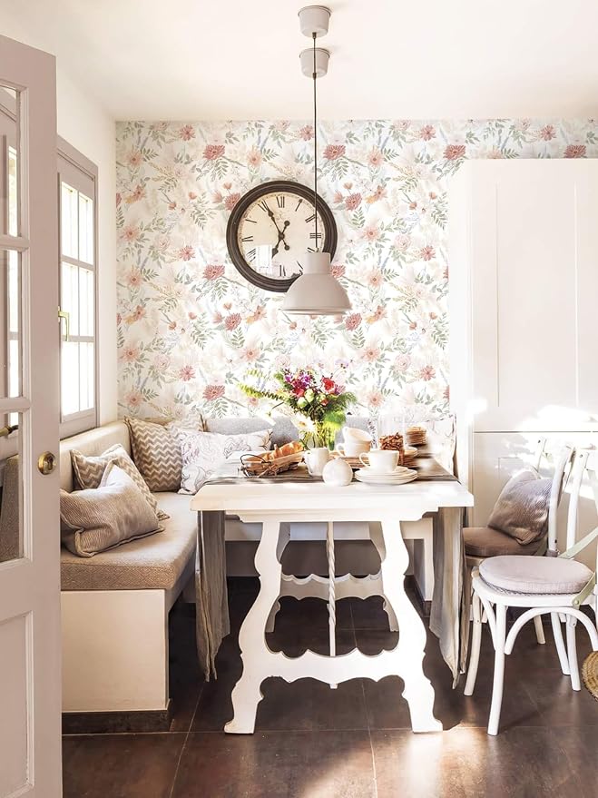 Dimoon Pink Floral Peel and Stick Wallpaper Modern Beige Contact Paper 17.3''x393'' Boho Village Country Cottage Wallpaper Renter Friendly Girls Room Wall Paper for Bathroom Nursery Bedroom Vinyl