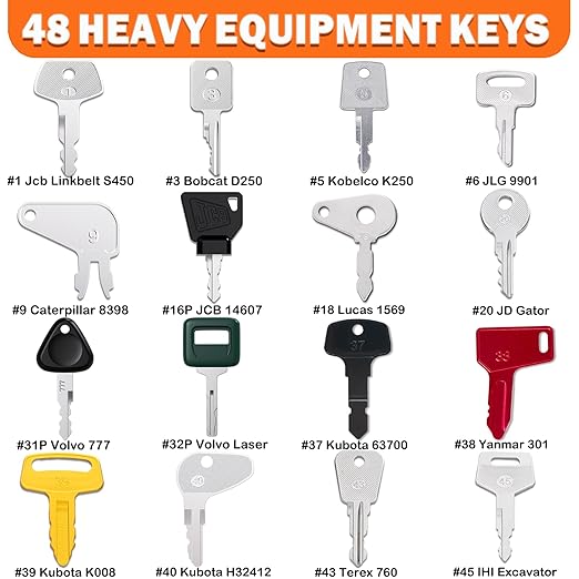 48 Multi Type Heavy Equipment Master Key Set for CAT Caterpillar Hyster John Deere Komatsu Volvo Kubota JCB Case Ford Holland Hitachi Yanmar Takeuchi Terex Construction Equipment Machinery