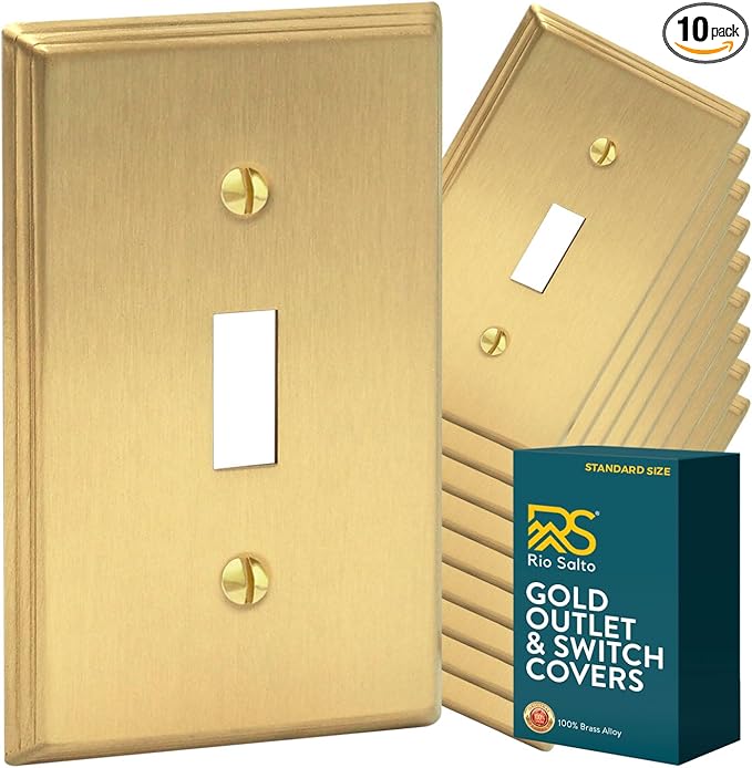 Rio Salto BRASS Brushed Brass Gold Metal Toggle Switch Plate Flip Switch Outlet Covers Light Switch Cover Wall Plates – Deco Collection 10-Pack Decorative Brass Wall Plates Standard Size 4.50" X 2.75"